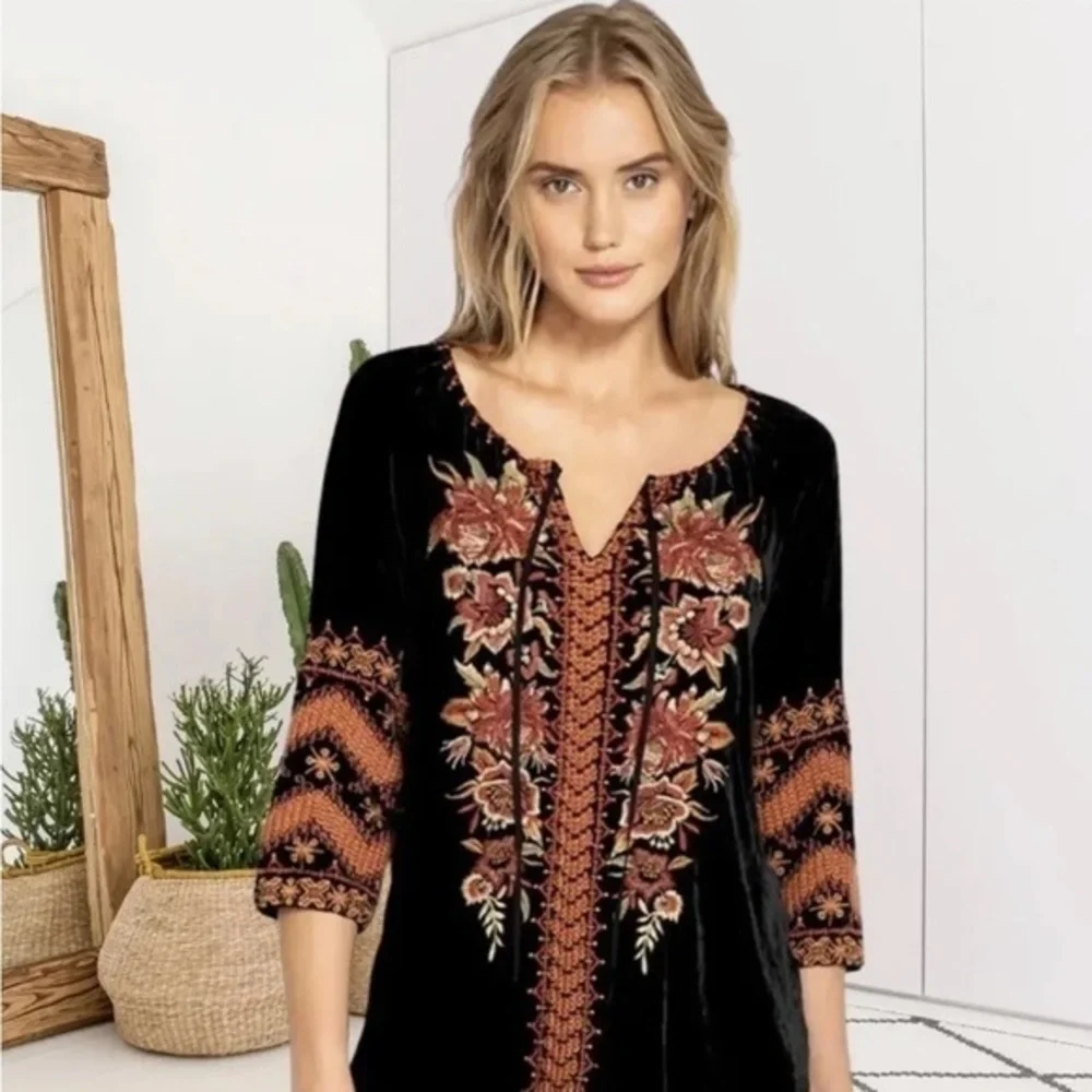 Johnny Was Elim Floral Embroidered Velvet Peasant Top 3/4 Sleeves NWT - Picture 4 of 8